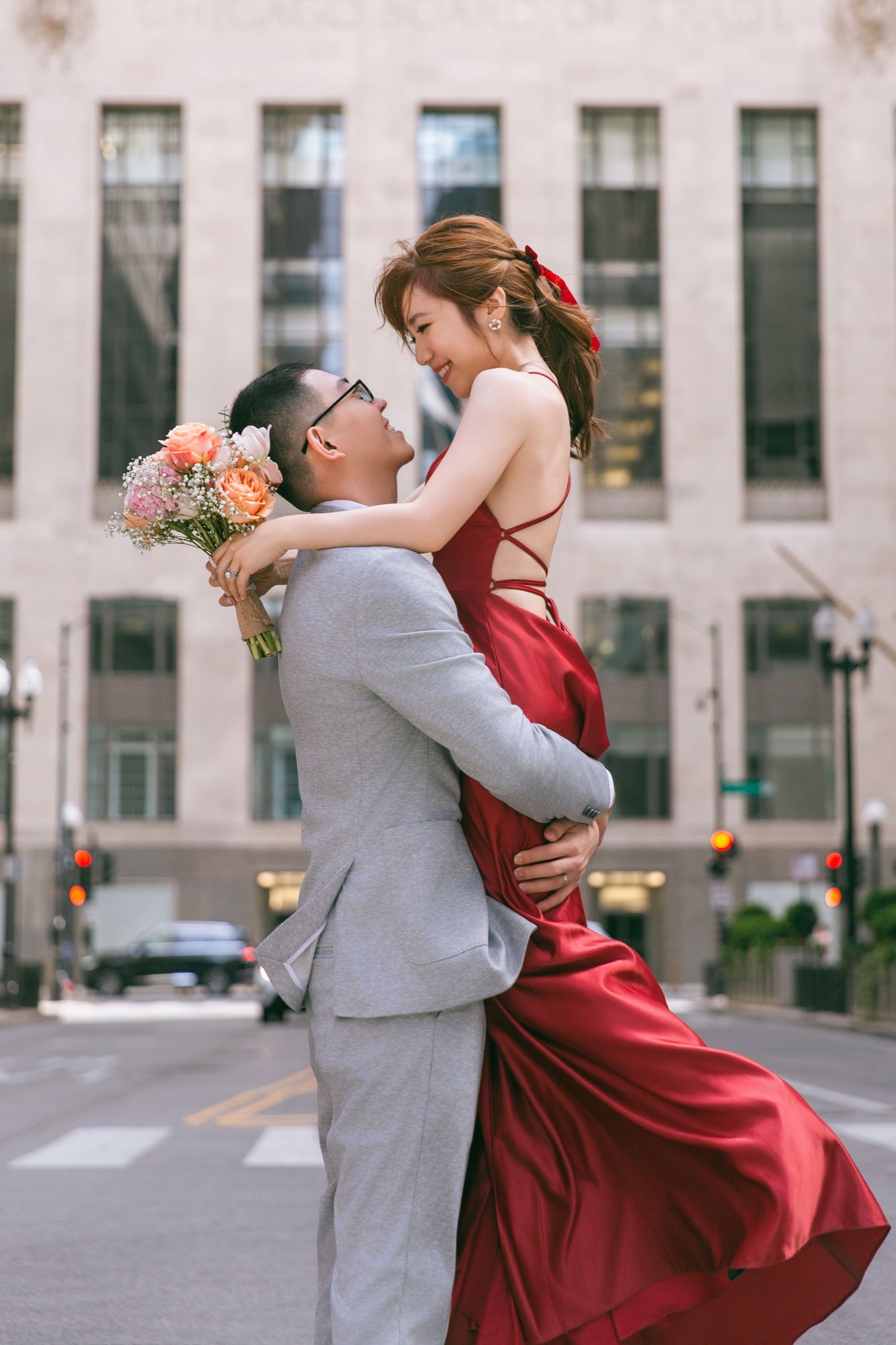 A couple embracing on a city street